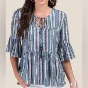 Francescas Blue Rain Sierra Striped Peplum Top SMALL